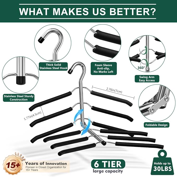 DOIOWN Clothes Hangers Space Saving: 6 Tier Coat Hanger Space Saving Hangers - Image 2
