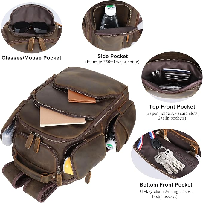 TIDING Vintage Full Grain Leather 16 Inch Laptop Backpack - Image 3