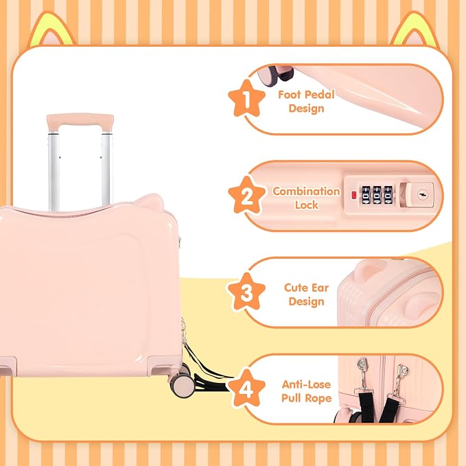 20" Ride-On Travel Suitcase for Kids, Cute Ear Toddler Carry on Luggage - Image 3