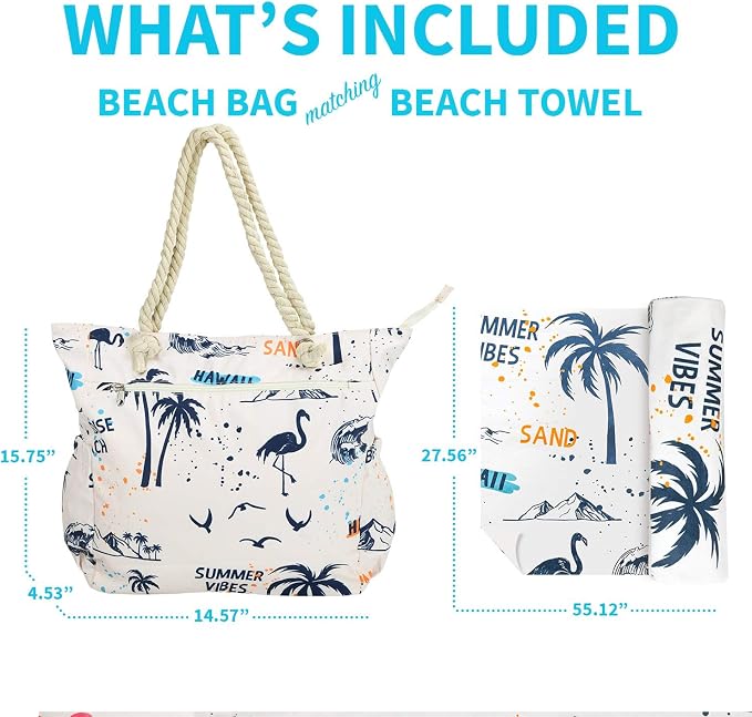 Beach Bag Spacious Shoulder Tote Travel & Gym Bag w/Multiple Pockets & Strong - Image 2
