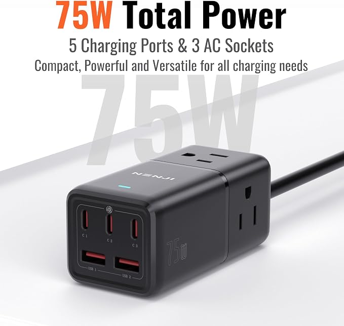 NENJI 75W GaN USB-C Super Fast Charging Station, 8-in-1 Power Strip - Image 2
