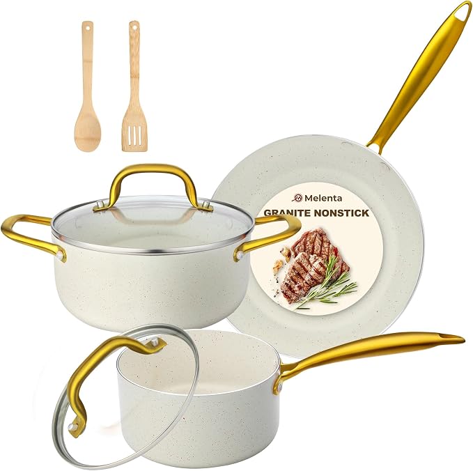Pots and Pans Set Non Stick, 7 Piece White Granite Induction Cookware Set by MMELENTA