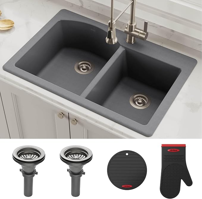 KRAUS Forteza 33-inch Drop In/Undermount 60/40 Double Bowl Granite Kitchen Sink - Image 10