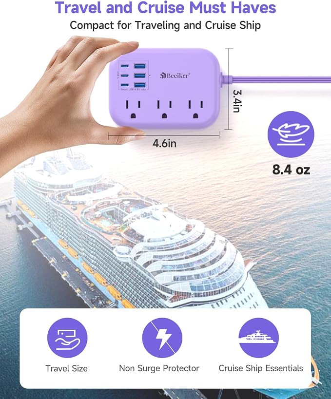 6 USB Purple Travel Power Strip- 5Ft Purple Extension Cord - Image 4