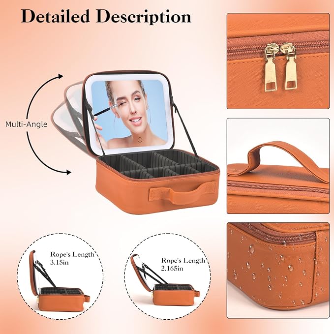 Travel Makeup Bag With LED Mirror, Makeup Travel Train Case with 3 Color Setting - Image 6