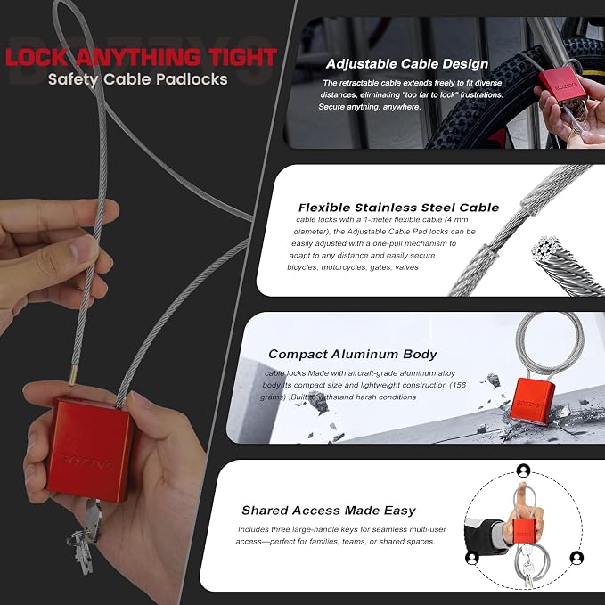 Adjustable Cable Locks with 3 Keys | 3.28ft L x 1/6in D Aluminum Steel Cable - Image 3