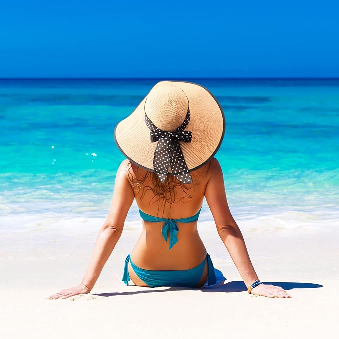 DRESHOW Beach Hats for Women Big Straw Wide Brim Summer Hat Floppy Foldable - Image 4