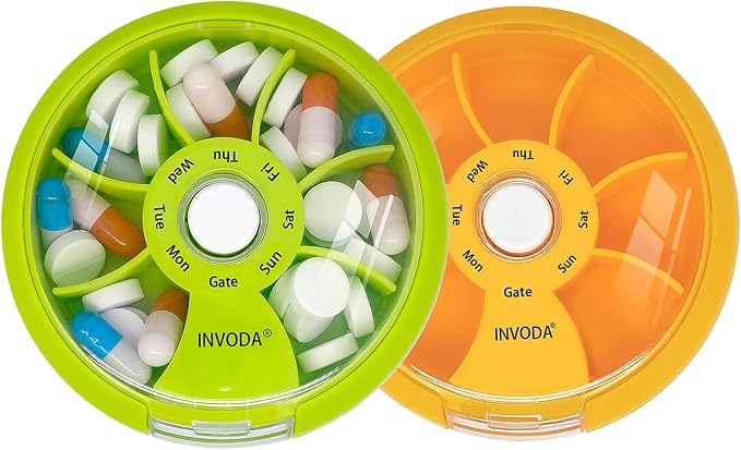 INVODA Weekly Pill Organizer 7 Compartment Rotating Pill Box by INVODA