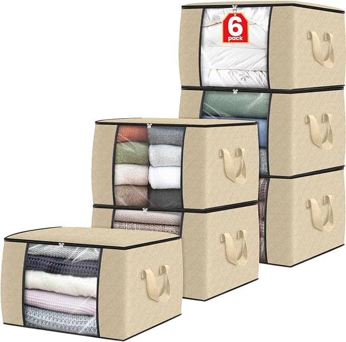 Fab totes 6 Pack Clothes Storage, Foldable Thick Fabric Blanket Storage Bags by Fabtotes