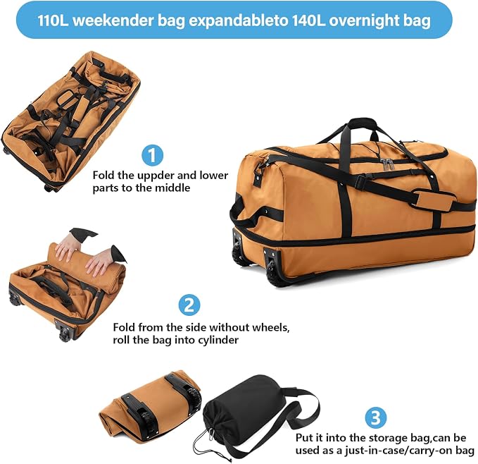 Vomgomfom Wheeled Collapsible Duffel Bag, 110L-140L Expandable Checked Luggage - Image 5
