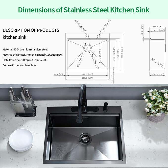 25 Kitchen Sink Drop-In Workstation, 25 x 22 Inch Gunmetal Black Stainless - Image 8