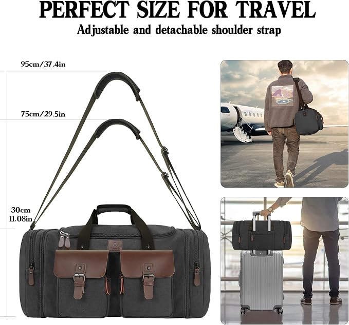 Canvas Duffle Bag for Men 50L Travel Duffel Bags Expandable Genuine Leather - Image 7