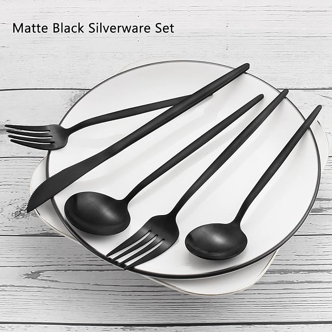Matte Black Silverware Set, VANVRO 60-Piece Stainless Steel Flatware Set - Image 3