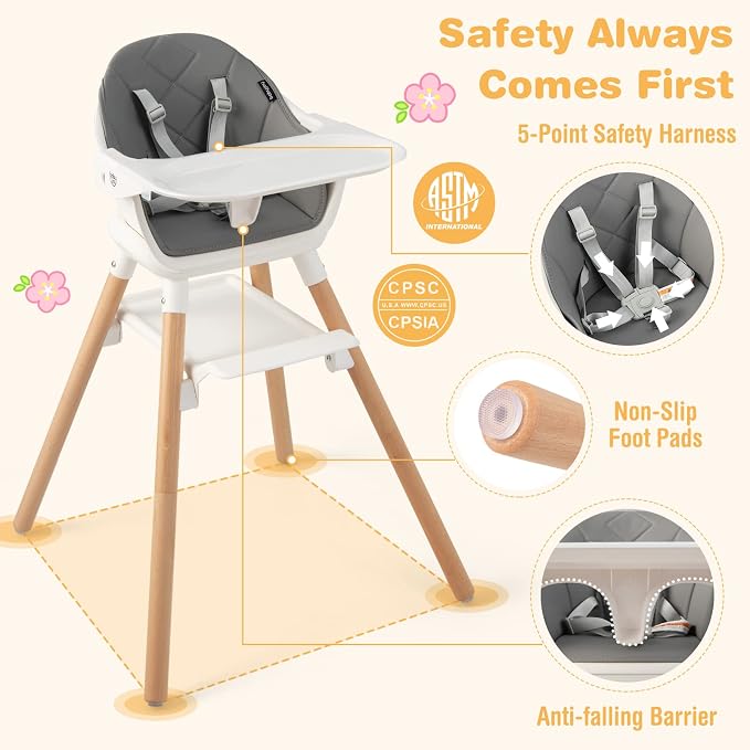 BABY JOY Baby High Chair, 6 in 1 Convertible Wooden High Chair - Image 5