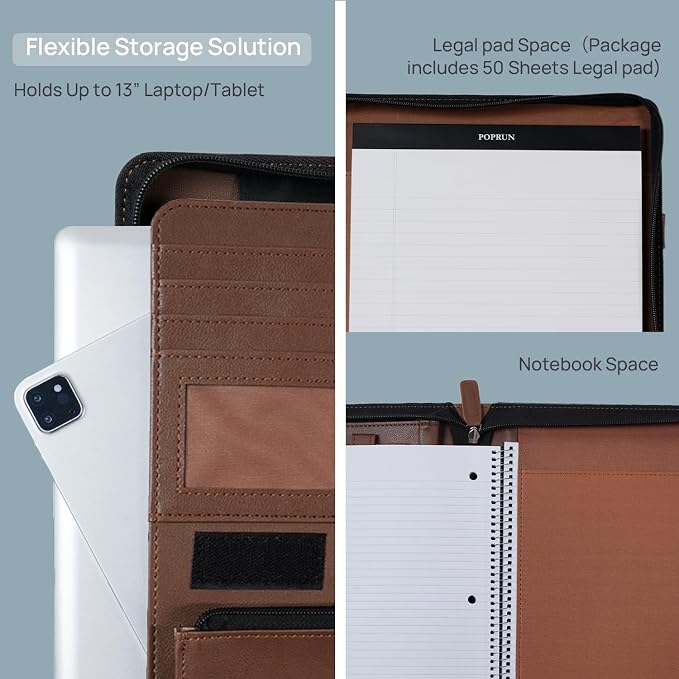 POPRUN Portfolio Binder with Zipper, Leather Padfolio Document Organizer with - Image 5
