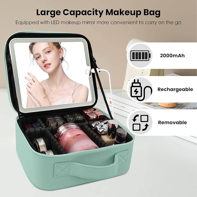 Travel Makeup Bag with LED Mirror and Light Makeup Travel Bag Organizer - Image 3