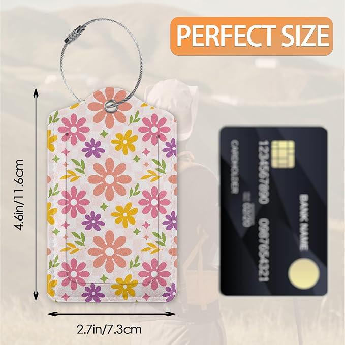 3 Pcs Luggage Tag for Suitcases, Flowers Hippie Wavy Swirl Checkered Leather - Image 2