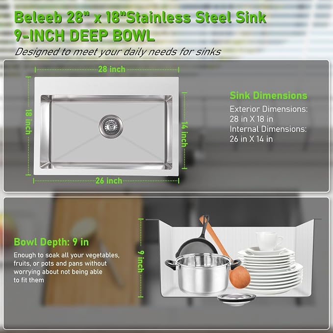 Drop In Kitchen Sink 28x18", 18 Gauge Stainless Steel Sink, 3D Embossed Surface - Image 5