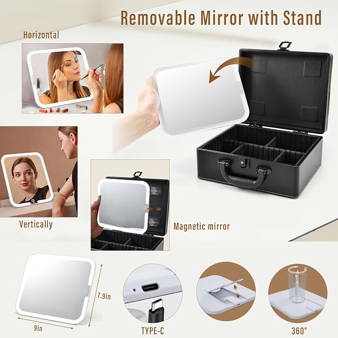 Joligrace Makeup Box with Detachable Lighted Mirror, Travel Train Case - Image 4