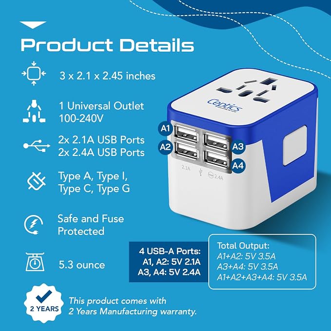 Ceptics Universal Travel Adapter Plug World Power W/ 4 USB Ports - Image 7