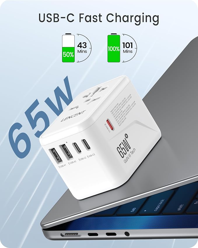 LENCENT Universal Travel Adapter, GaN III 65W International Charger - Image 3