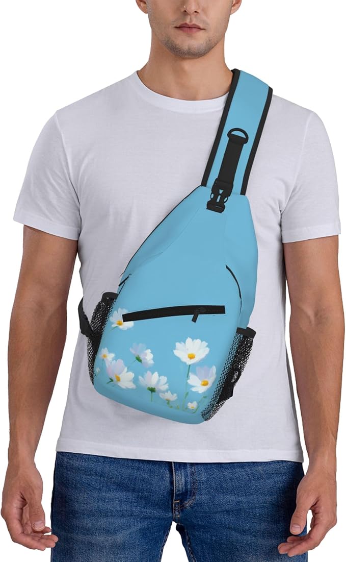 Sling Bag White Flower Blue Summer Hiking Daypack Crossbody Shoulder Backpack - Image 7