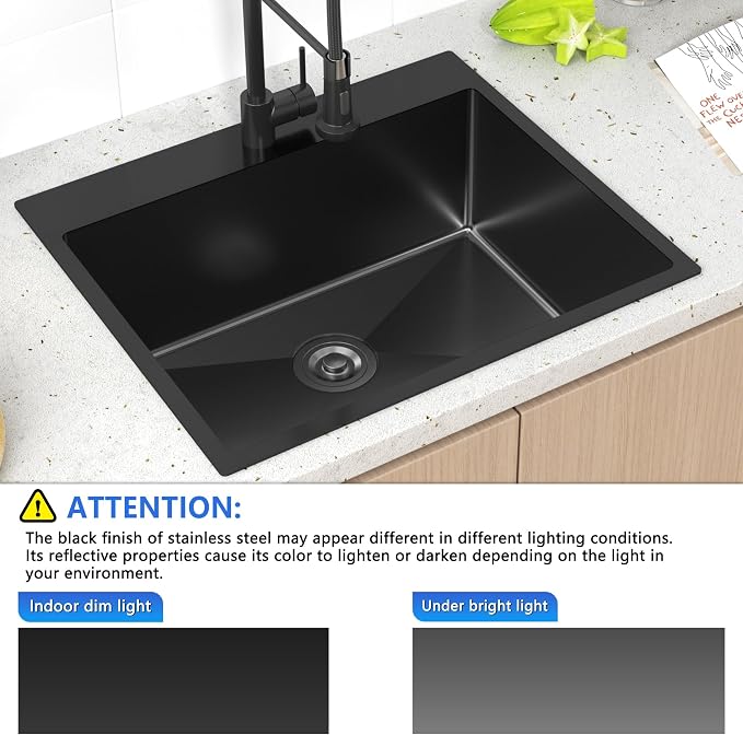 25x22 Inch Black Drop In Kitchen Sink, 25 Inch Gunmetal Black Kitchen Sink Top - Image 2