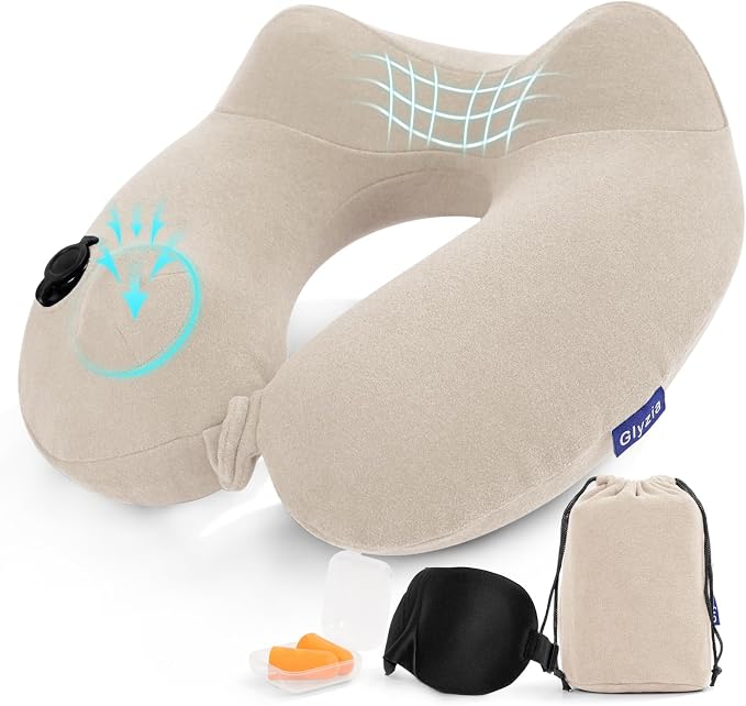 Inflatable Travel Neck Pillow for Airplane, Head Support Velvet Adult Neck by Glyzia