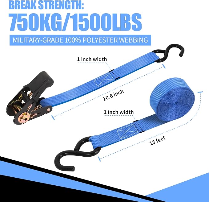 Cartman 1" x 15' Ratchet Tie Down up to 1500lbs 6pk in Carry Bag, Cargo Straps - Image 2