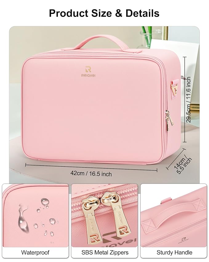 Relavel Makeup Bag with LED Mirror, 16.2 inches Large Professional Makeup Case - Image 2