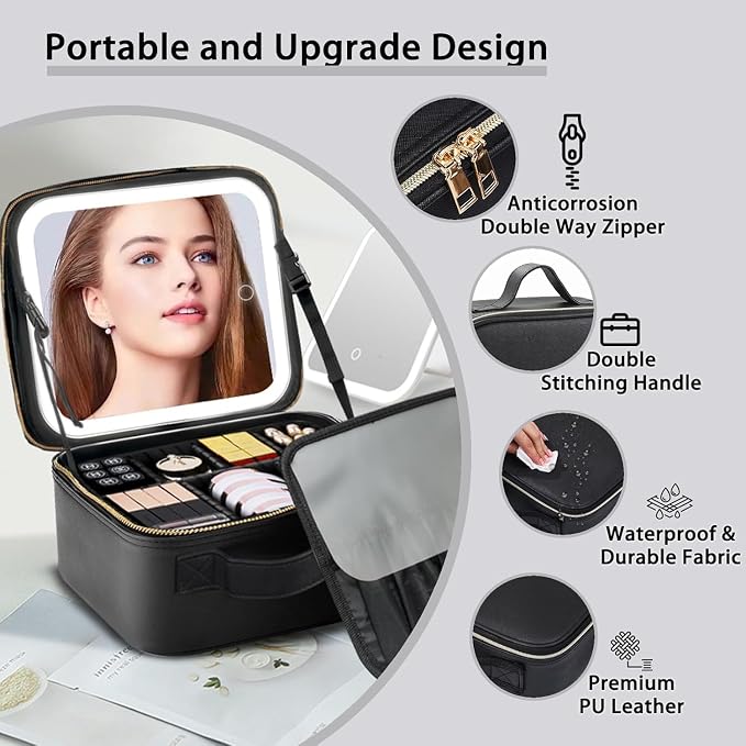Makeup Bag with Led Mirror, Travel Makeup Organizer with 3 Color Setting & - Image 5