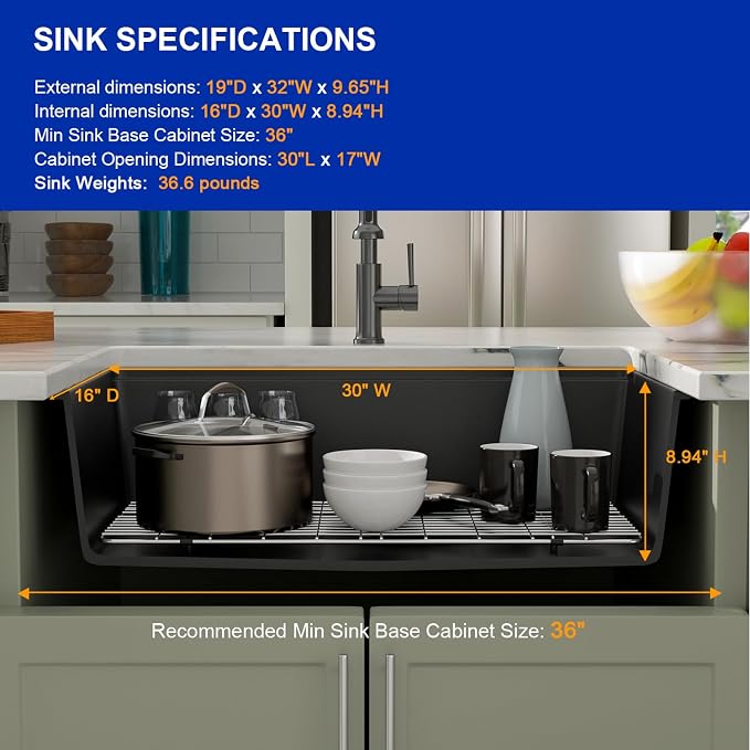 Dcolora 32 inches Granite Composite Kitchen Sink Workstation Black Undermount - Image 6