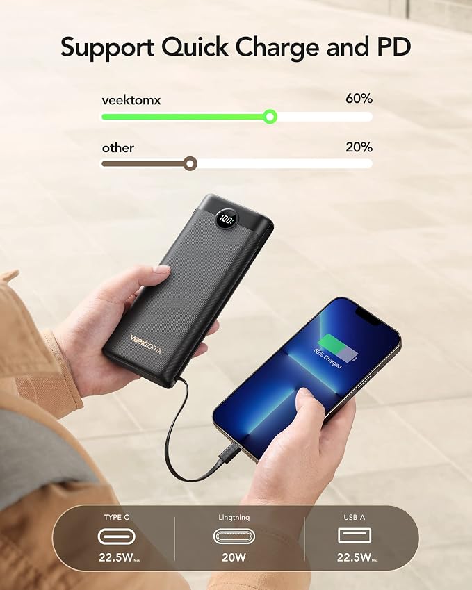 VEEKTOMX Portable Charger with Built-in Cables 30000mAh Power Bank - Image 3