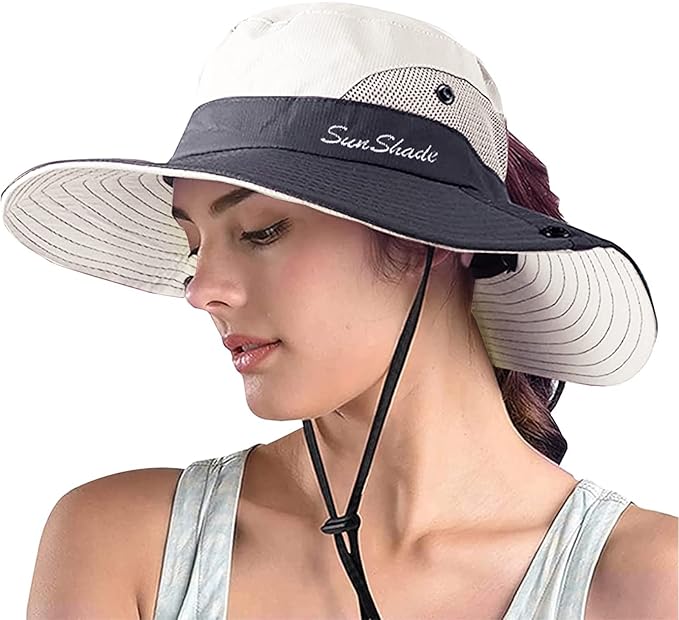 ZOORON Women's Ponytail Safari Sun Hat, Wide Brim UV Protection Outdoor Bucket by ZOORON