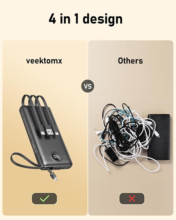 VEEKTOMX Portable Charger with Built-in Cables 10000mAh Power Bank - Image 3