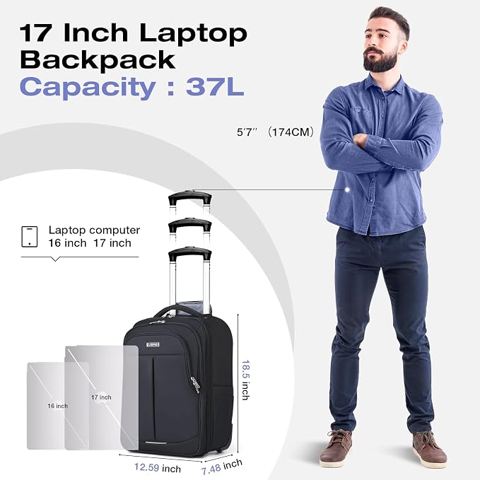 Rolling Backpack for Adults, 17 Inch Waterproof Underseat Carry On Luggage - Image 7