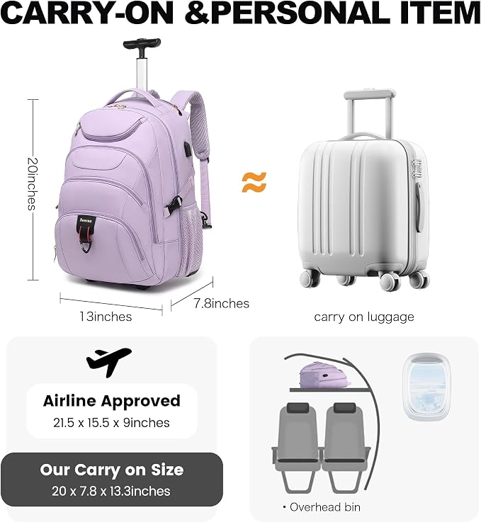 Boavan Rolling Backpack for Women, 17.3 Inch Wheeled Laptop Backpack, Large - Image 8