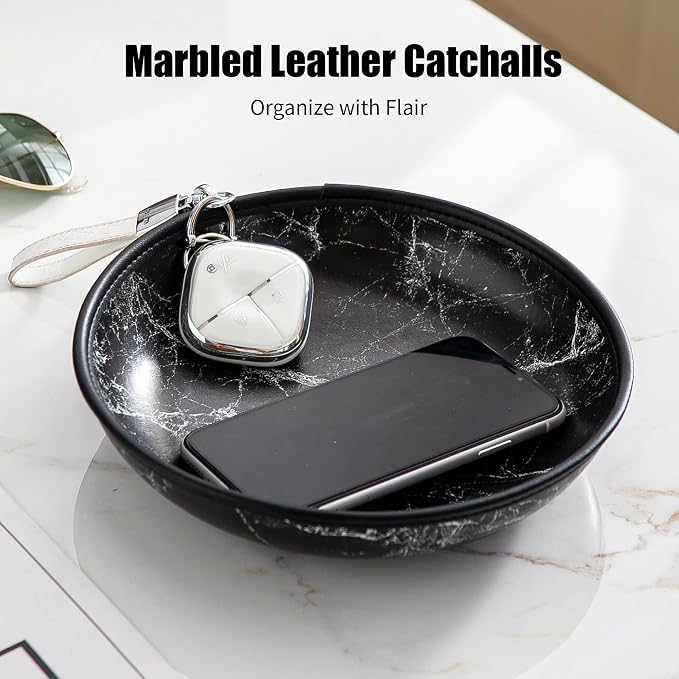 2025 Improved Design Round Marbled Leather Valet Tray Organizer Set of 2 - Image 9