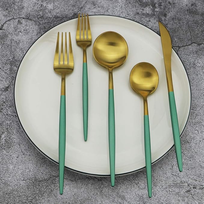 Green Handle Matte Gold Silverware, Gugrida 5-Piece 18/10 Stainless Steel - Image 7