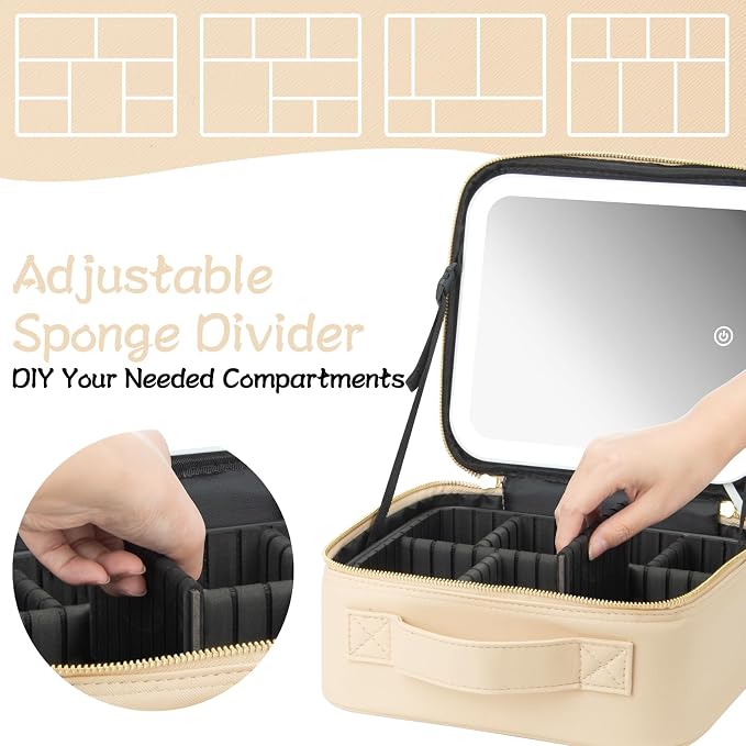 Makeup Travel Train Case with Mirror LED Light 3 Adjustable Brightness Large - Image 3