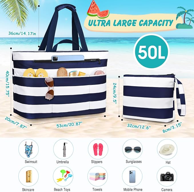 Extra Large Beach Bags for Women, Waterproof Sandproof Beach Tote Bag Zipper - Image 4