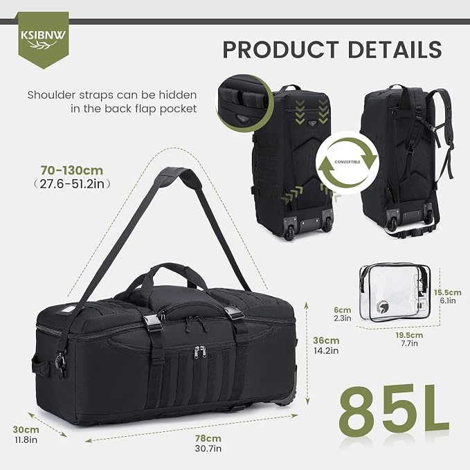 KSIBNW Rolling Duffel Bag with Wheels and Handle, 4 In 1 Tactical 86L Military - Image 5
