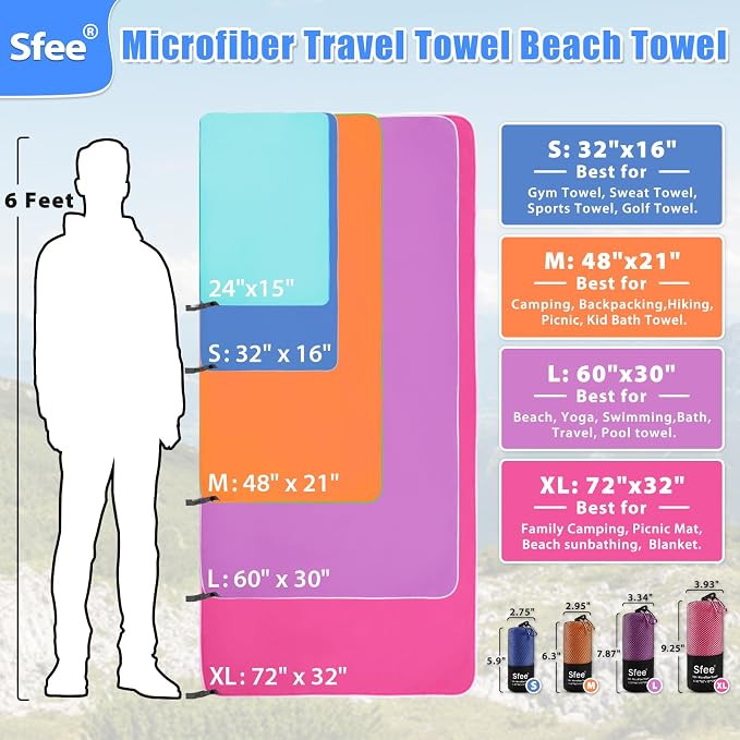 Sfee 2 Pack Microfiber Travel Towel, Quick Dry Towel Camping Towel Large Beach - Image 4
