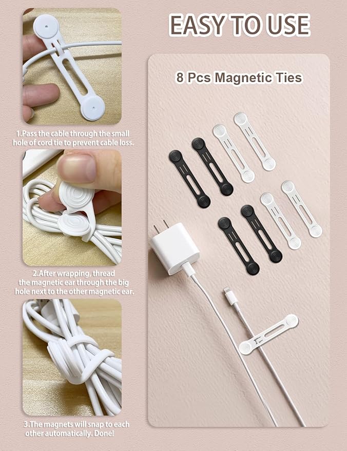 Kanemc Magnetic Ties For Cords, Cord Wrap Silicone Zip Ties Twist Ties Magnet - Image 3