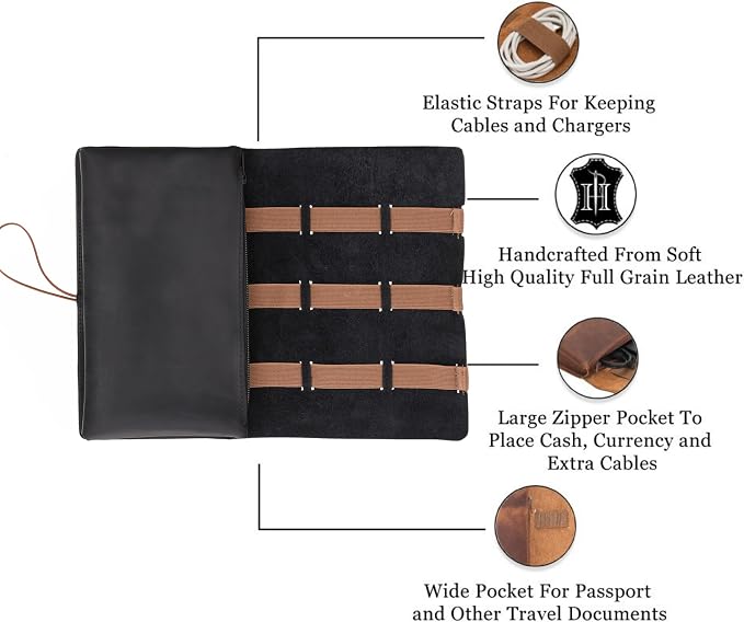 HARDISTON Custom Genuine Leather Electronic Cable Organizer Bag Handmade Travel - Image 3