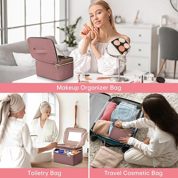Large Makeup Bag with Mirror Double Layer Travel Make Up Organizer Case - Image 7