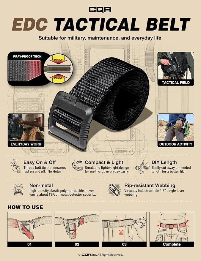 CQR Tactical Belt, Military Style Heavy Duty Belt, Webbing EDC Quick-Release - Image 2