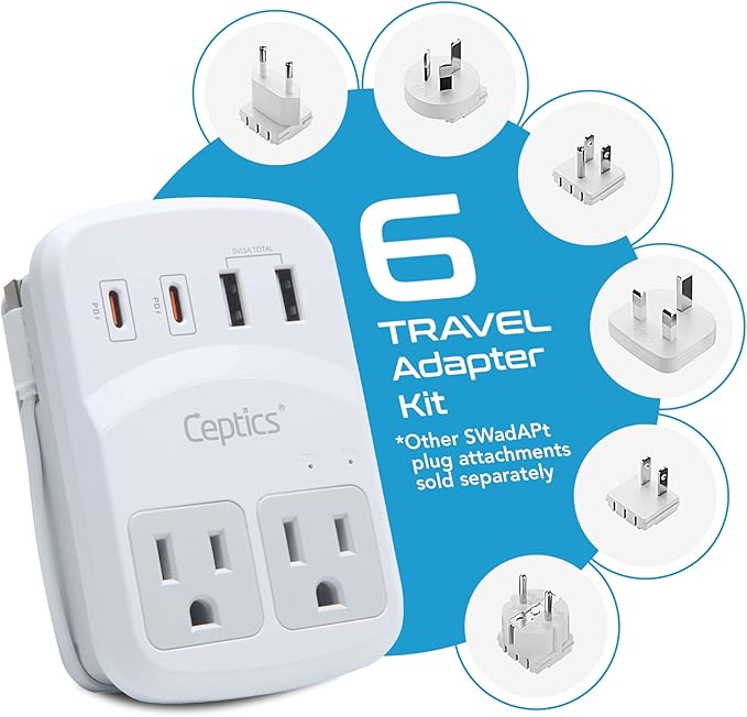 Ceptics World Travel Adapter Kit 2 USB-A, USB-C US Outlets, 20W/QC 18W Power - Image 2