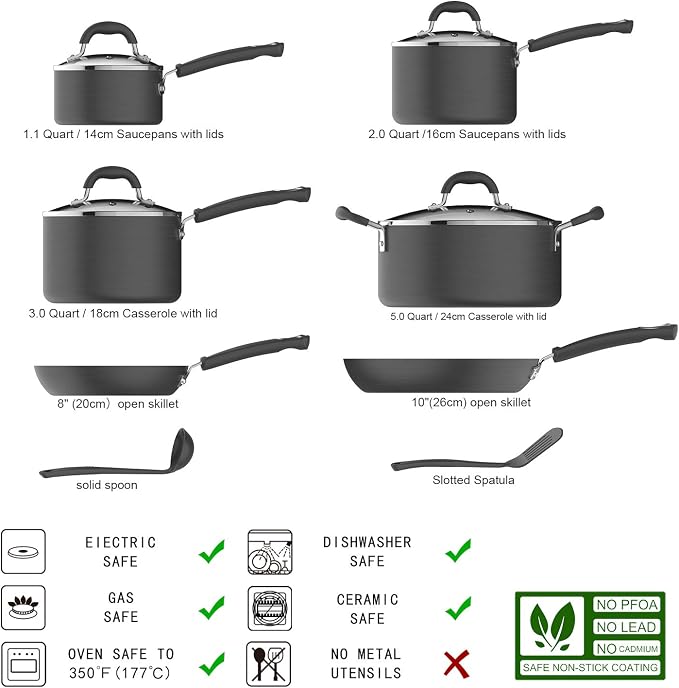 Amazon Basics Hard Anodized Non-Stick 12-Piece Cookware Set, Pans and Utensils - Image 2