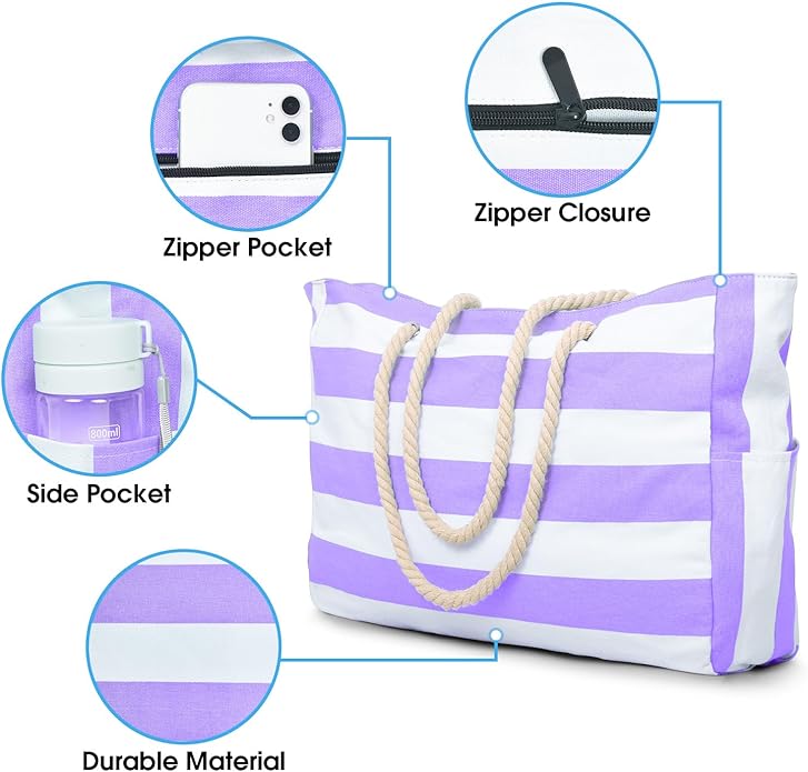Becokan Beach Bags for Women Large Waterproof Beach Tote Bag Zipper Beach Bags - Image 2